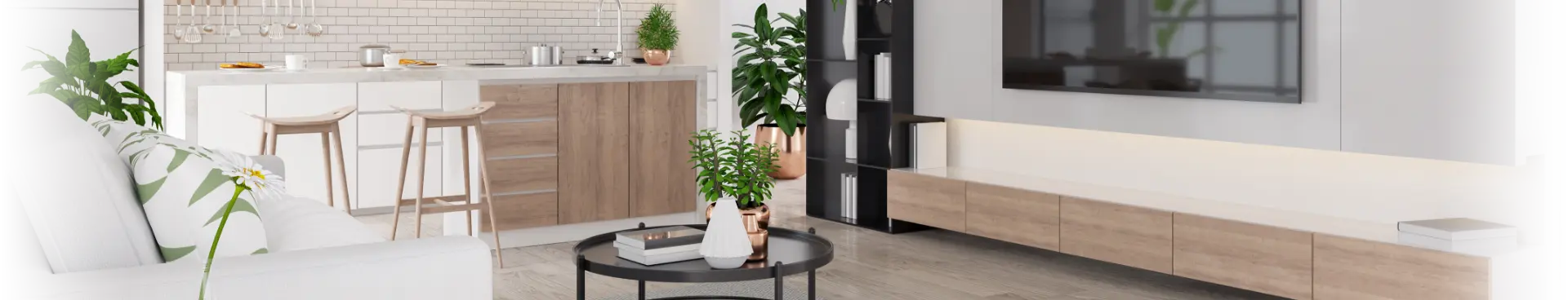 Apartamento moderno em conceito aberto integrando a sala de estar com painel de TV e a cozinha com balcão americano.