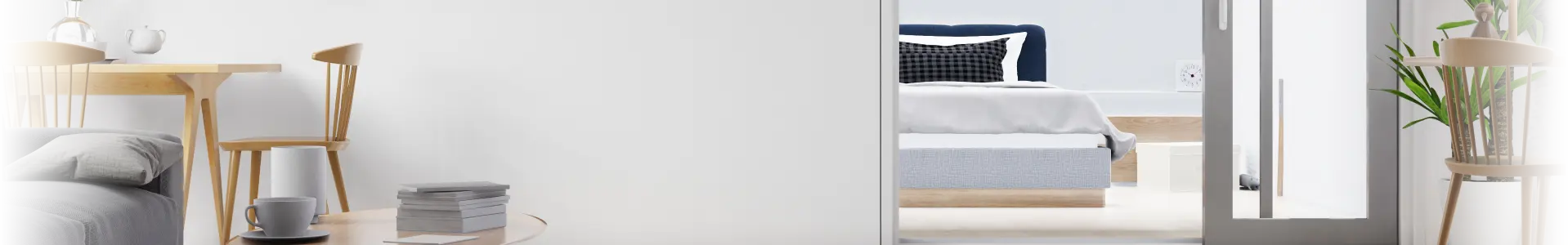 Apartamento moderno integrado com vista parcial da sala de jantar, mesa de centro e quarto ao fundo.
